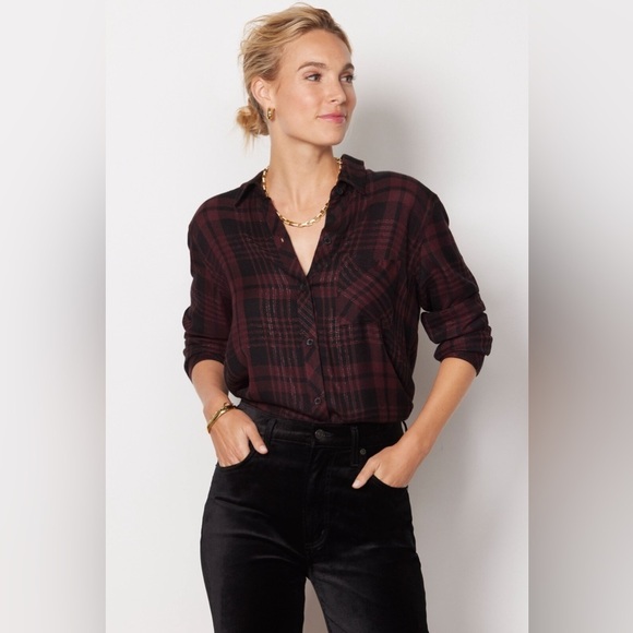 Rails Hunter Plaid Button Down Shirt Red Wine Size Small Top Sparkle Shimmer - Picture 1 of 7